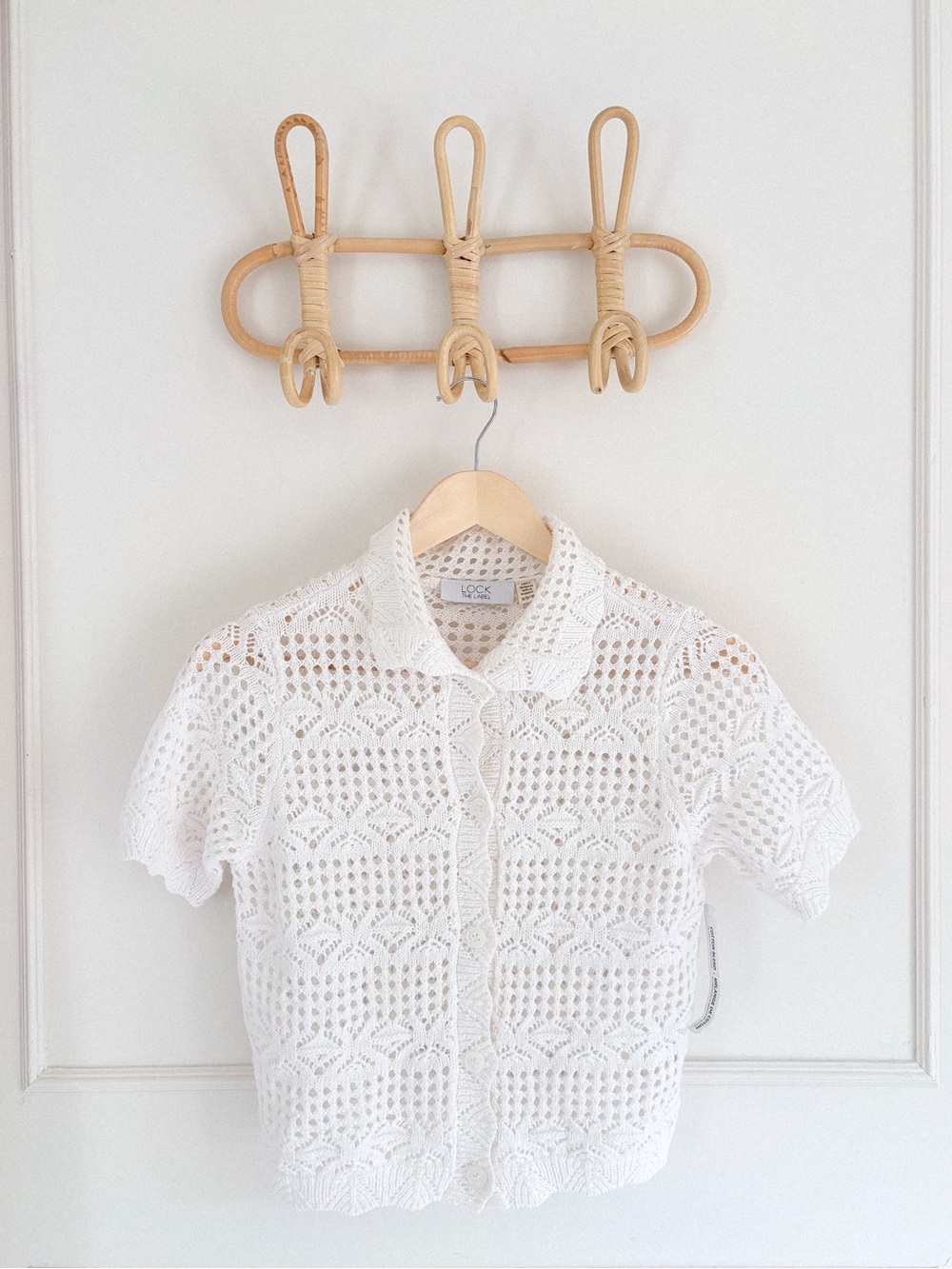 LOCK White Crochet Short-Sleeve Button Front Blouse